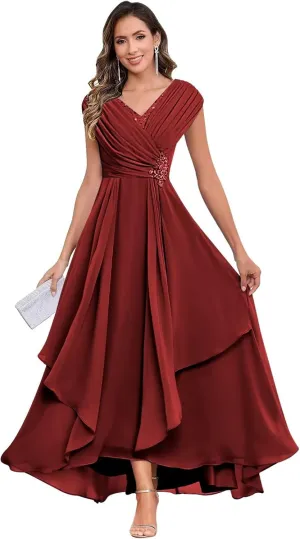 Long Chiffon Mother of The Bride Dresses for Women A Line V Neck Pleated Formal Evening Dress