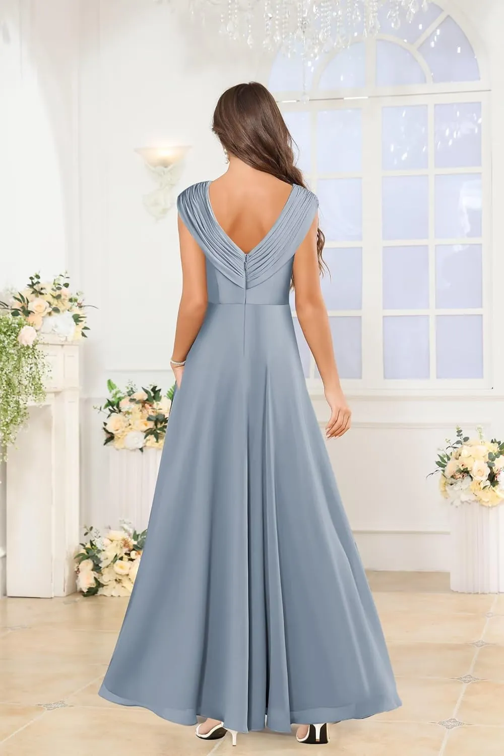 Long Chiffon Mother of The Bride Dresses for Women A Line V Neck Pleated Formal Evening Dress