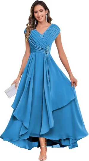 Long Chiffon Mother of The Bride Dresses for Women A Line V Neck Pleated Formal Evening Dress