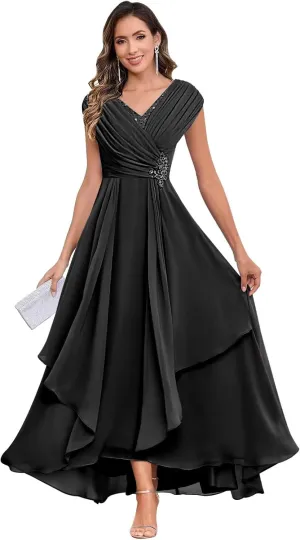 Long Chiffon Mother of The Bride Dresses for Women A Line V Neck Pleated Formal Evening Dress