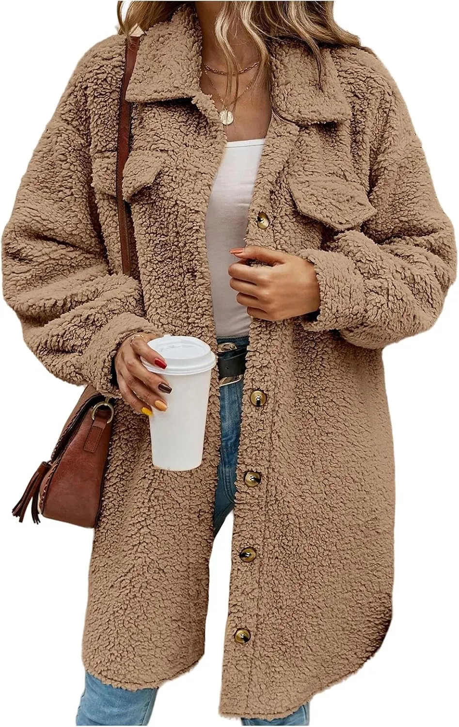 Long Fleece Jacket for Women Lapel Button Down Faux Fur Coats Long Sleeve Sherpa Jackets Winter Warm Coat