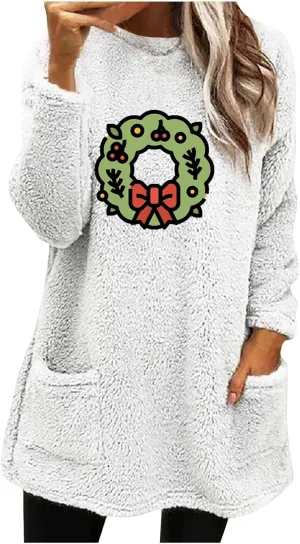 Long Fleece Sweatshirt for Women Fashion Graphic Sweater Tops Sherpa Linend Pullover with Pockets Long Sleeve Tunic