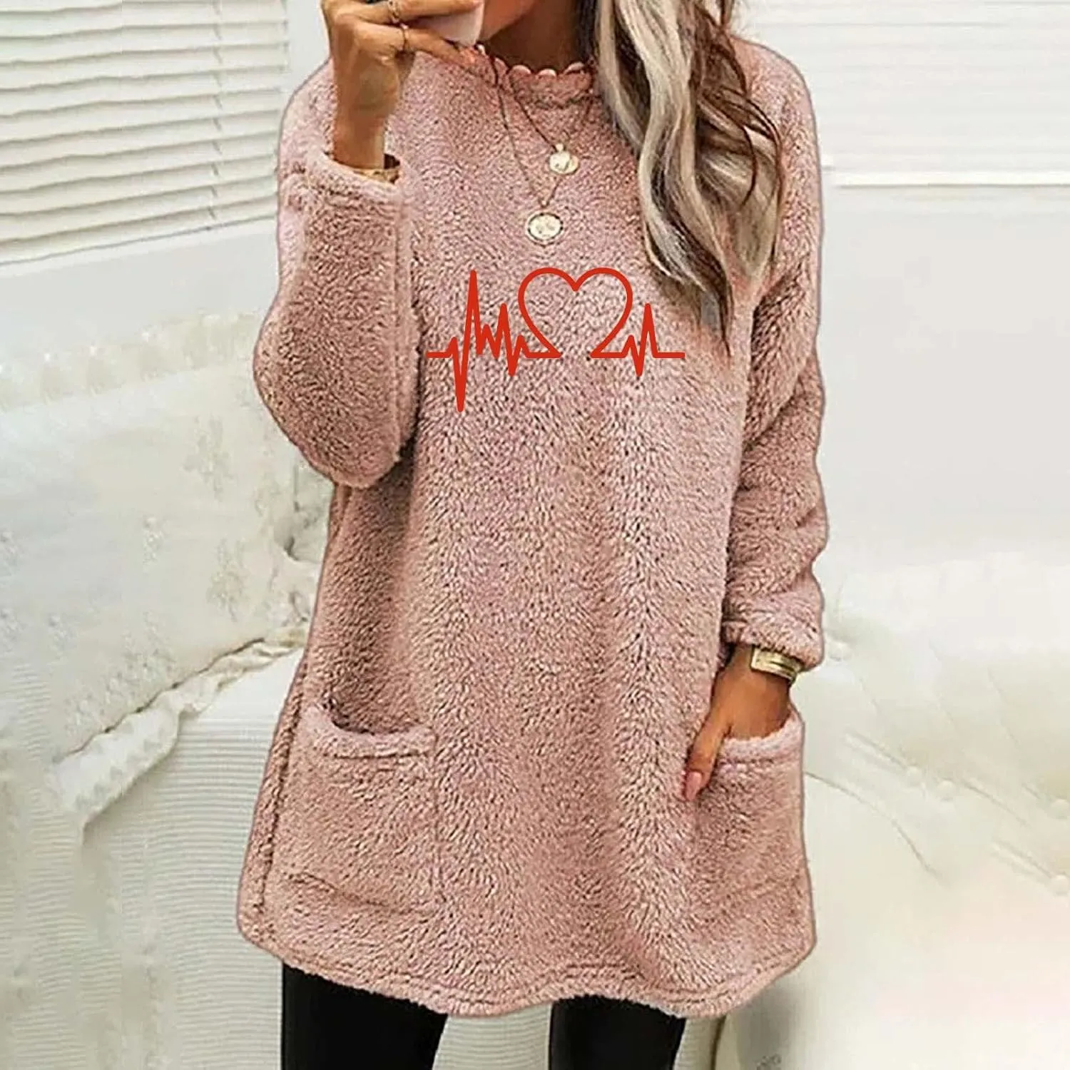 Long Fleece Sweatshirt for Women Fashion Graphic Sweater Tops Sherpa Linend Pullover with Pockets Long Sleeve Tunic