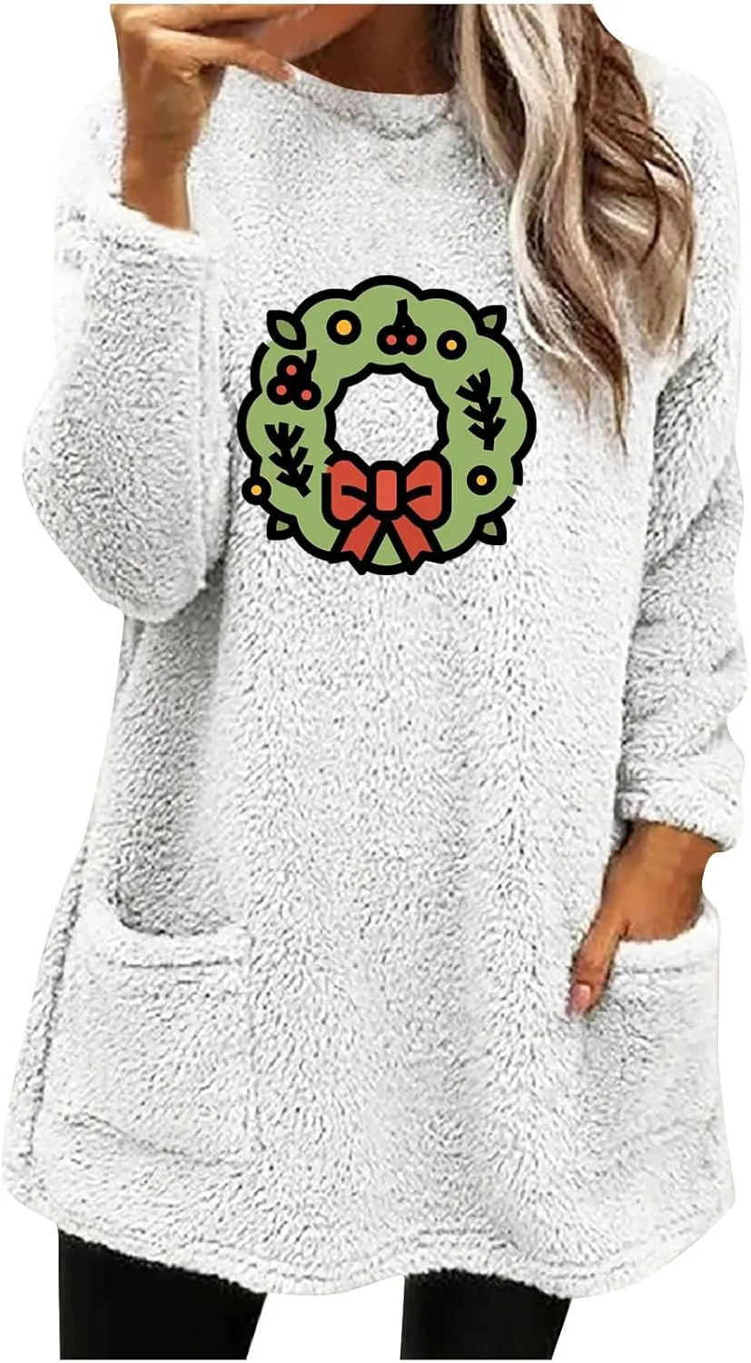 Long Fleece Sweatshirt for Women Fashion Graphic Sweater Tops Sherpa Linend Pullover with Pockets Long Sleeve Tunic