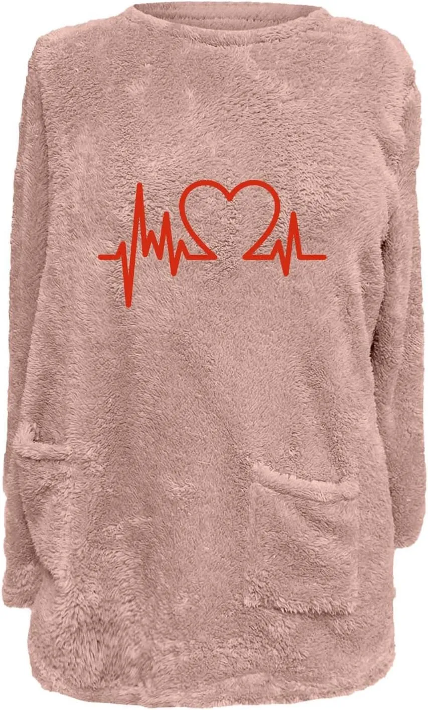Long Fleece Sweatshirt for Women Fashion Graphic Sweater Tops Sherpa Linend Pullover with Pockets Long Sleeve Tunic
