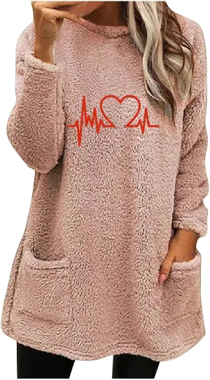 Long Fleece Sweatshirt for Women Fashion Graphic Sweater Tops Sherpa Linend Pullover with Pockets Long Sleeve Tunic