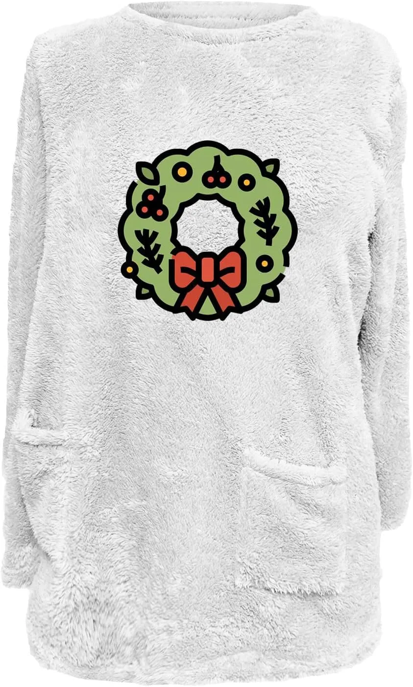 Long Fleece Sweatshirt for Women Fashion Graphic Sweater Tops Sherpa Linend Pullover with Pockets Long Sleeve Tunic