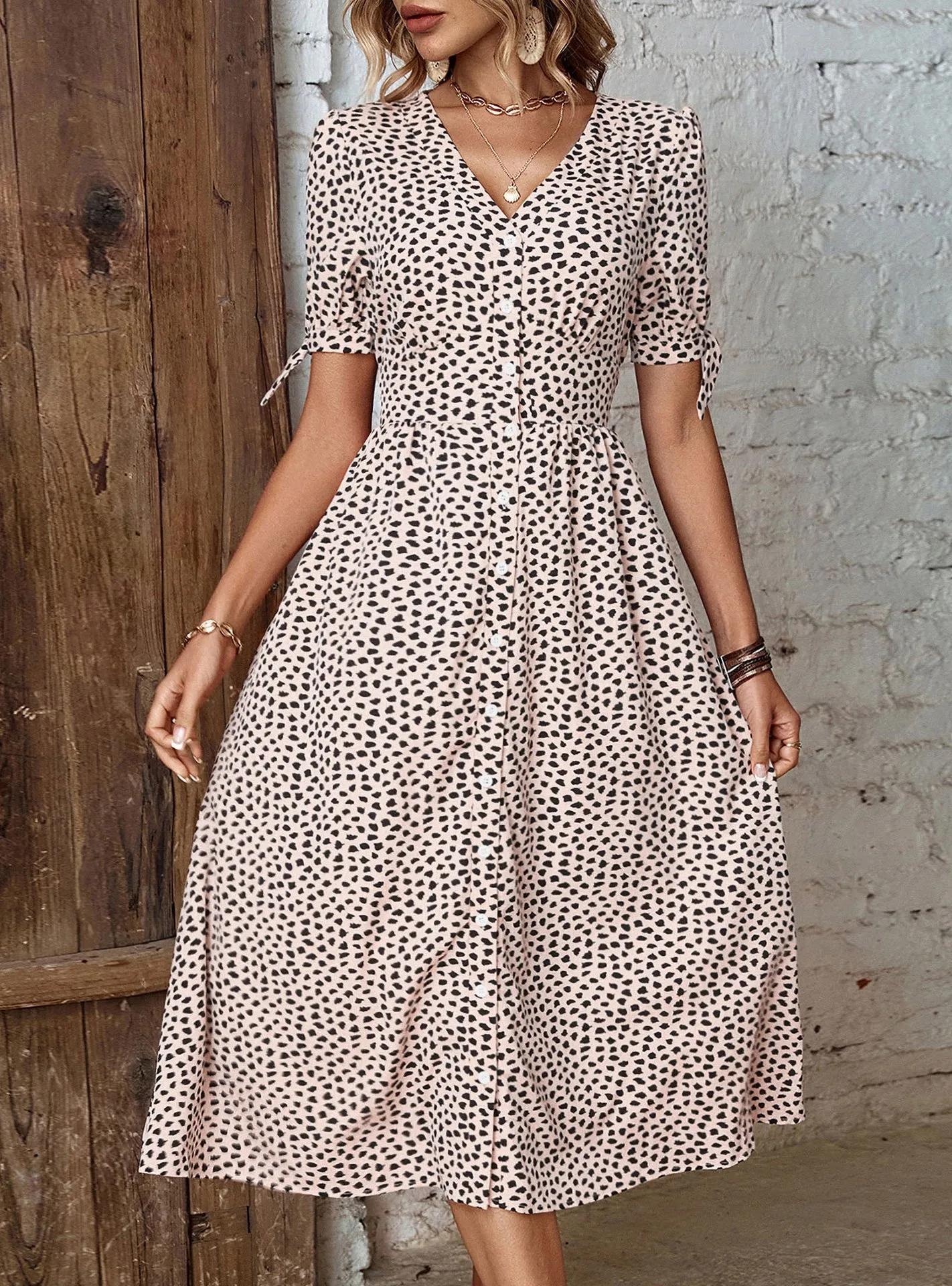 Long Leopard Print V-neck Dress