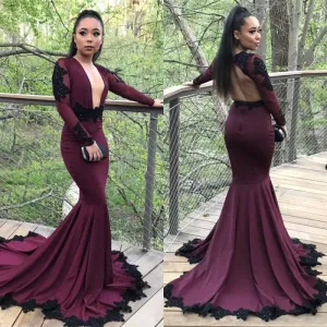 Long Sleeve Deep v-neck Burgundy Prom Dresses