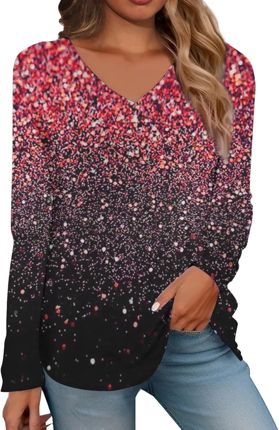 Long Sleeve Shirts for Women V Neck Sequin Tops Casual Comfy Daily Pullover Floral Printed Sparkly Party Blouse