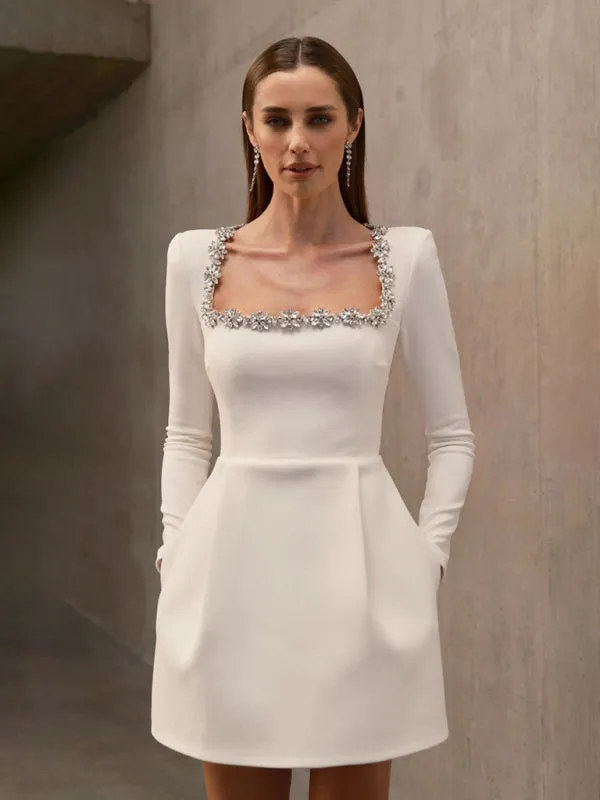 Long-Sleeve White Dress with Crystal Accents