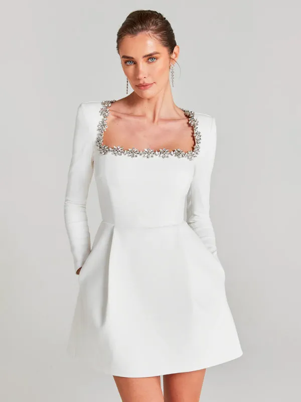 Long-Sleeve White Dress with Crystal Accents