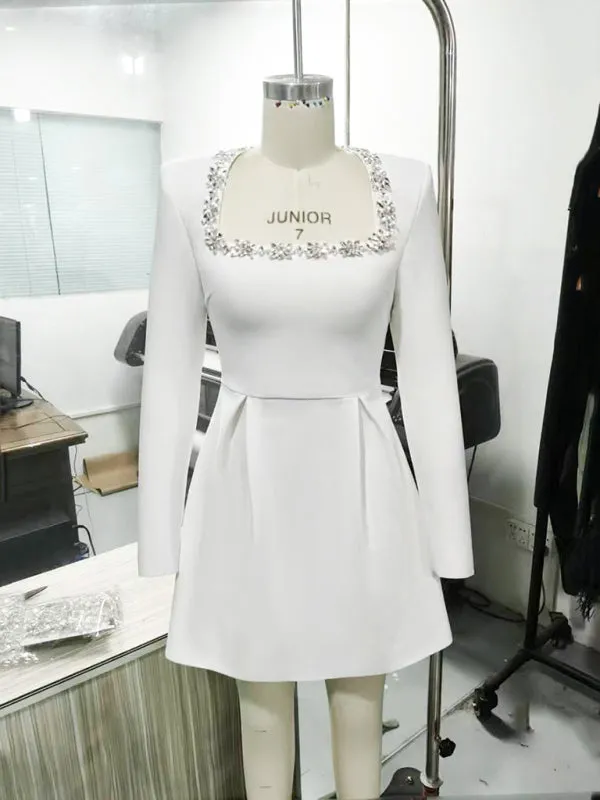 Long-Sleeve White Dress with Crystal Accents