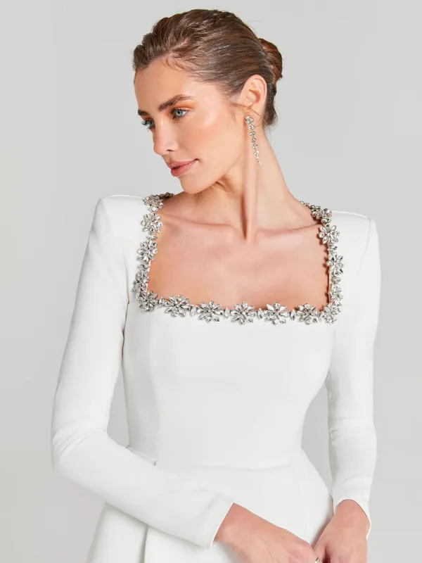 Long-Sleeve White Dress with Crystal Accents