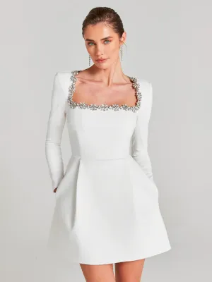 Long-Sleeve White Dress with Crystal Accents