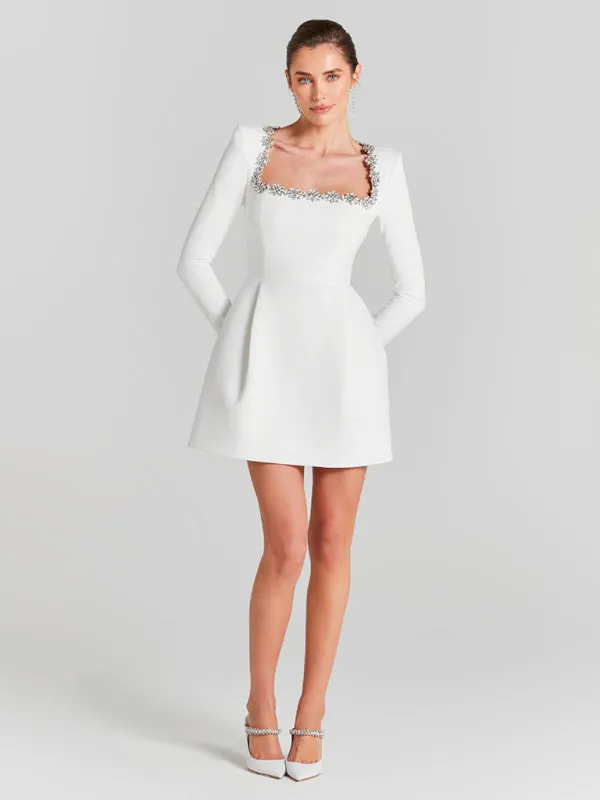 Long-Sleeve White Dress with Crystal Accents