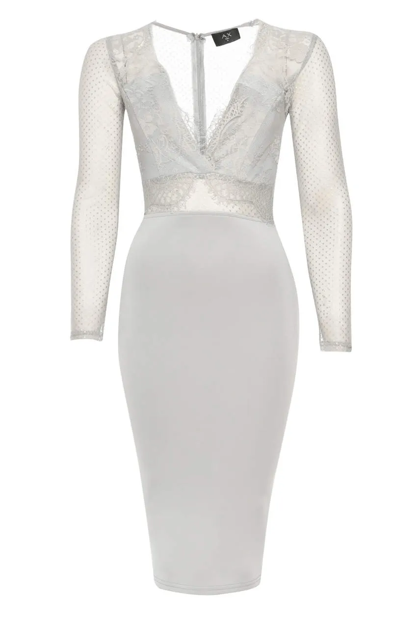 Long Sleeved Grey Bodycon With Lace Detail