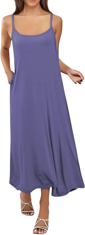 Long Slip Dress for Women Adjustable Spaghetti Straps Cami Slip Dress Soft Crew Neck Nightgown Pajamas Under Dresses
