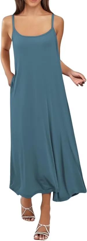 Long Slip Dress for Women Adjustable Spaghetti Straps Cami Slip Dress Soft Crew Neck Nightgown Pajamas Under Dresses