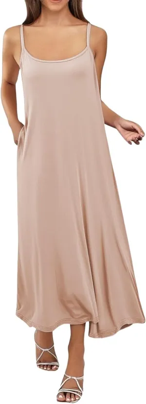 Long Slip Dress for Women Adjustable Spaghetti Straps Cami Slip Dress Soft Crew Neck Nightgown Pajamas Under Dresses