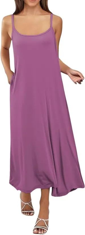 Long Slip Dress for Women Adjustable Spaghetti Straps Cami Slip Dress Soft Crew Neck Nightgown Pajamas Under Dresses
