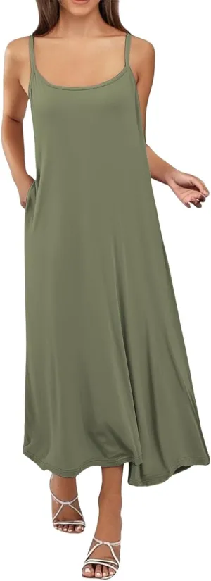Long Slip Dress for Women Adjustable Spaghetti Straps Cami Slip Dress Soft Crew Neck Nightgown Pajamas Under Dresses