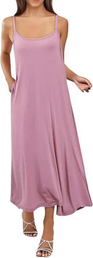 Long Slip Dress for Women Adjustable Spaghetti Straps Cami Slip Dress Soft Crew Neck Nightgown Pajamas Under Dresses