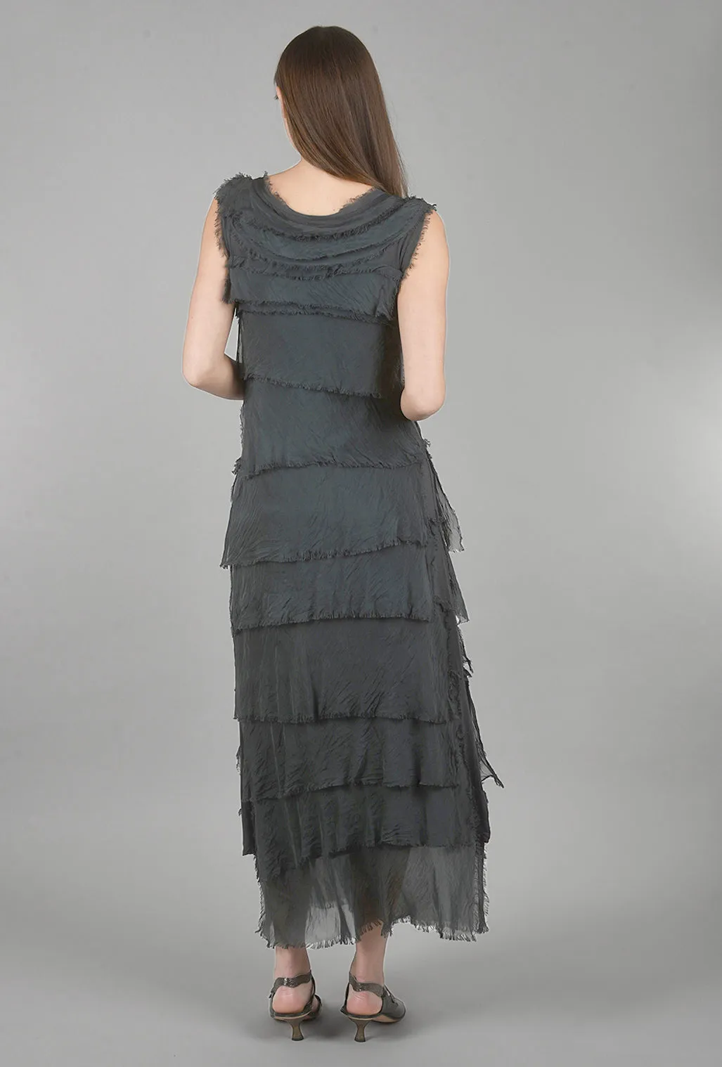 Long Tattered-Tiers Dress, Charcoal