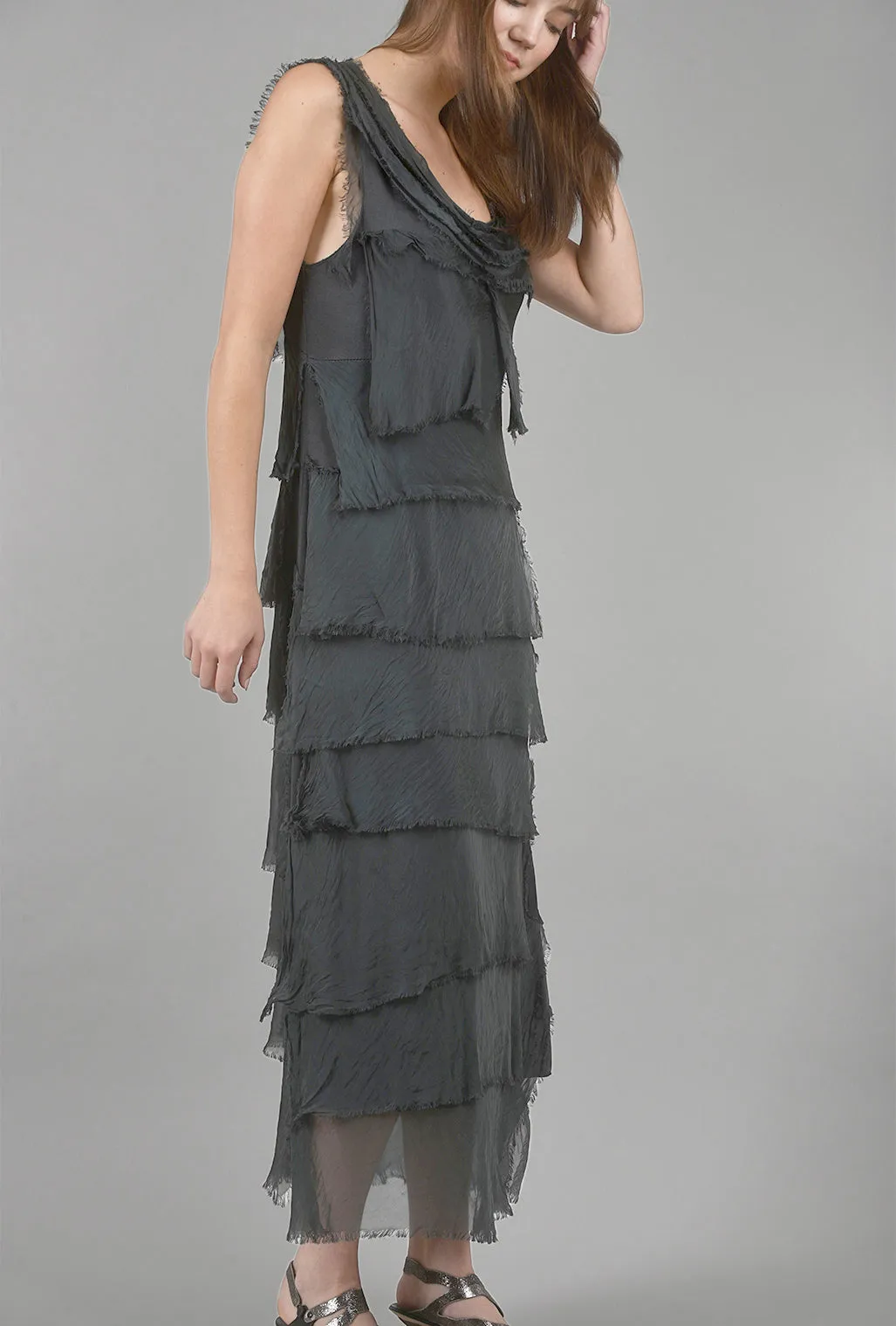 Long Tattered-Tiers Dress, Charcoal
