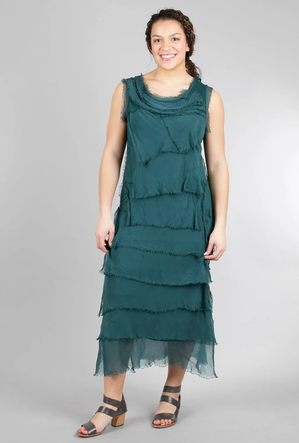 Long Tattered-Tiers Dress, Emerald