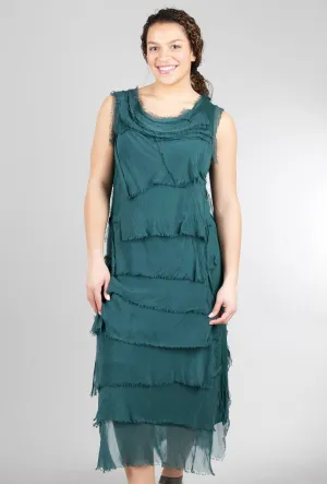 Long Tattered-Tiers Dress, Emerald