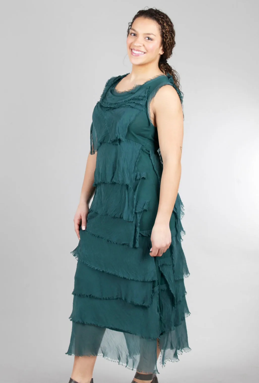 Long Tattered-Tiers Dress, Emerald