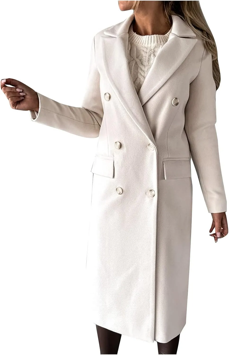 Long Trench Coat for Women Casual Double Breasted Pea Coat Winter Notched Lapel Midi Wool Coat Jacket Overcoat
