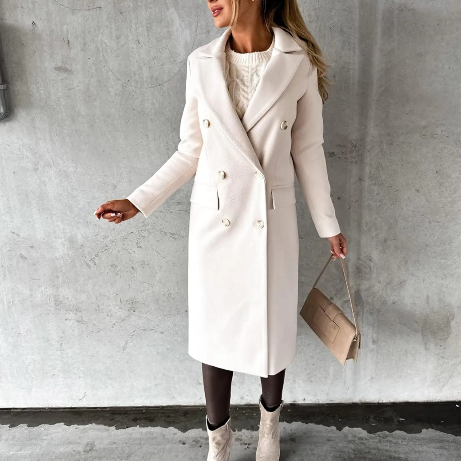 Long Trench Coat for Women Casual Double Breasted Pea Coat Winter Notched Lapel Midi Wool Coat Jacket Overcoat