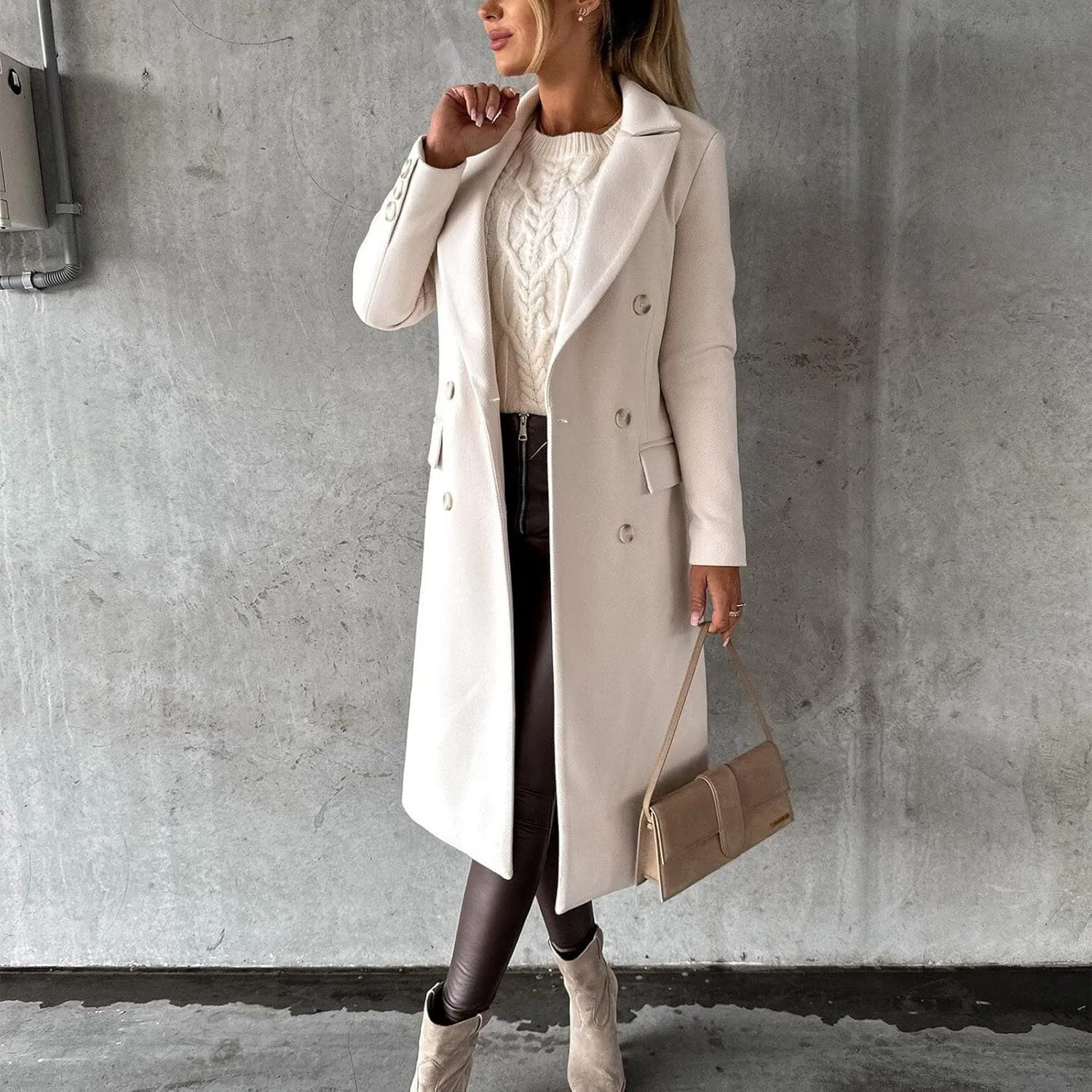 Long Trench Coat for Women Casual Double Breasted Pea Coat Winter Notched Lapel Midi Wool Coat Jacket Overcoat