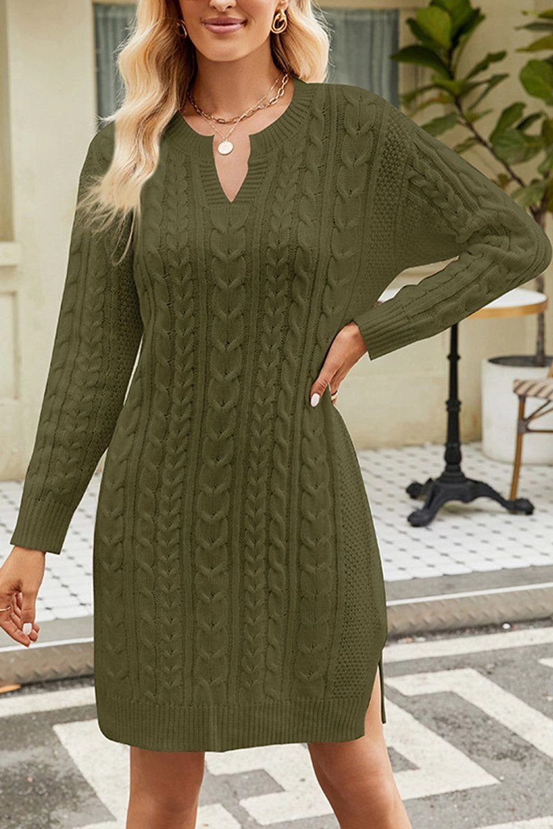LONG SLEEVE V NECK TWO SIDE SLIT SWEATER DRESS