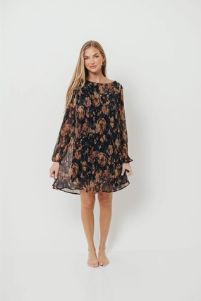 Lorraine Pleated Lurex Floral Print Mini Dress in Black Lorraine Pleated Lurex Floral Print Mini Dress in Black