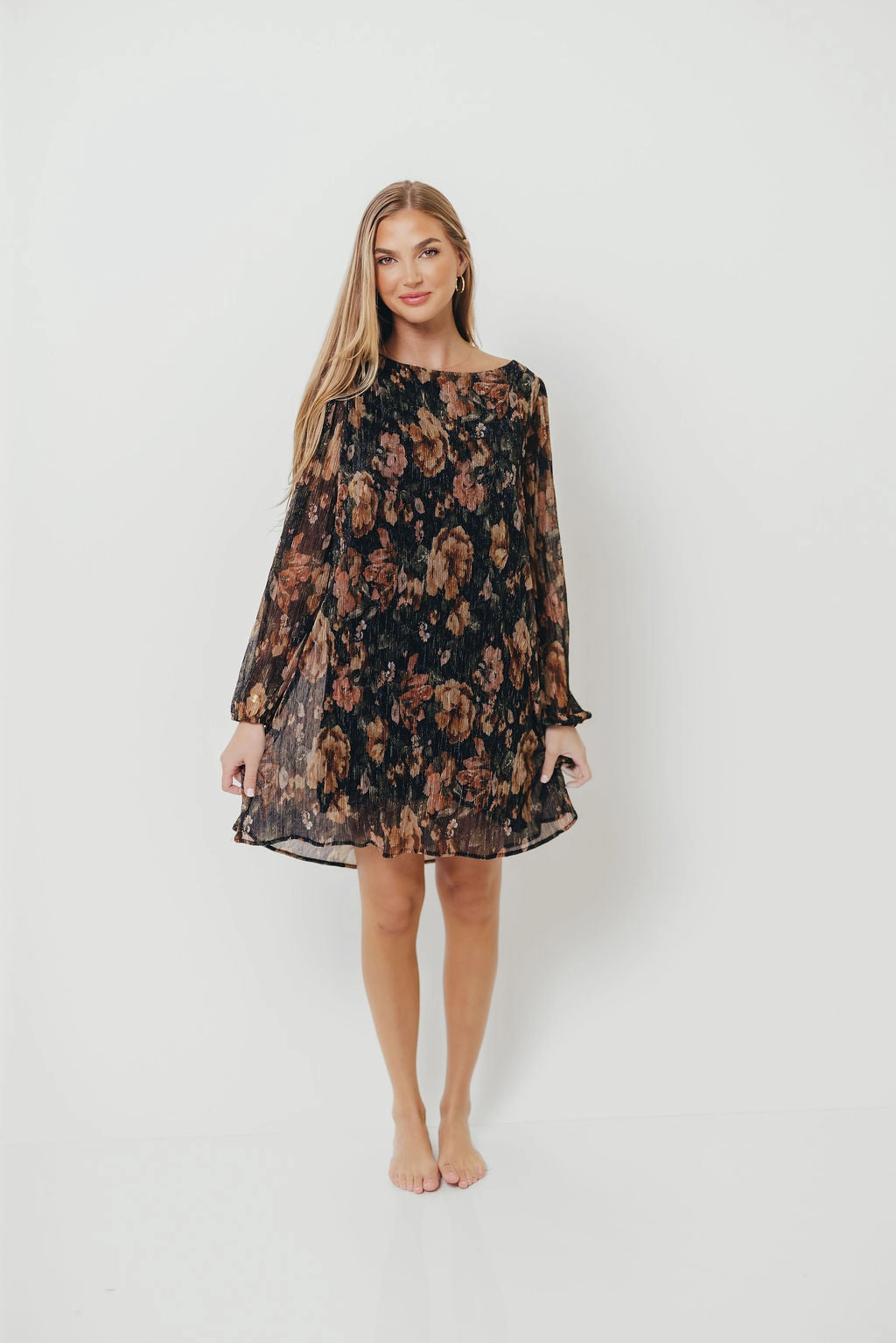 Lorraine Pleated Lurex Floral Print Mini Dress in Black