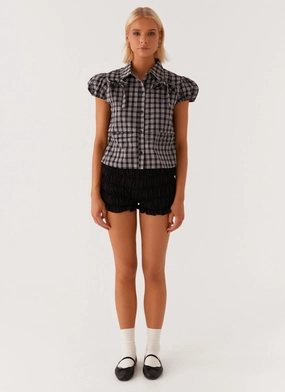 Lorraine Puff Sleeve Top - Black White Check Lorraine Puff Sleeve Top - Black White Check