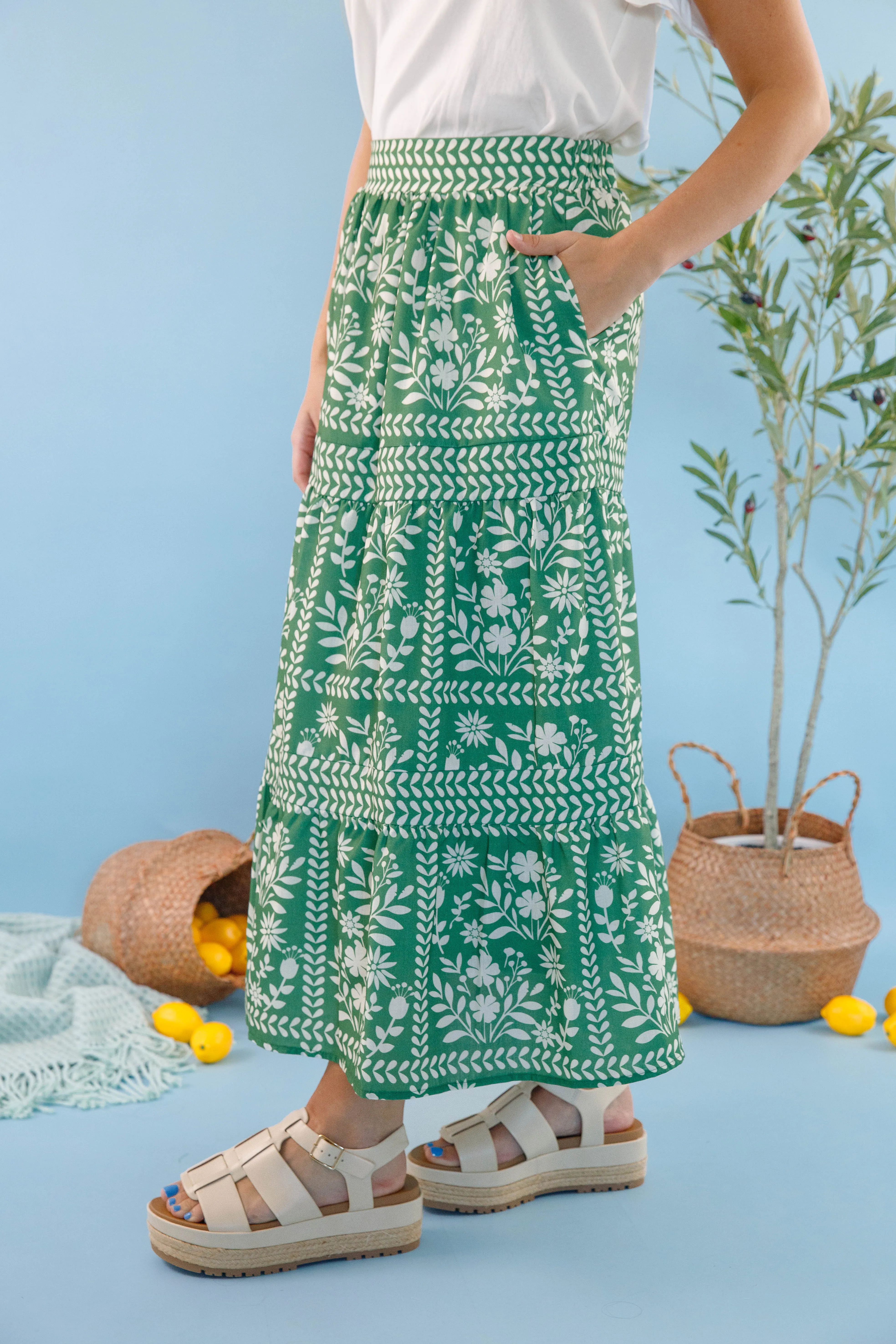 Lots Of Happiness Midi Skirt-Green