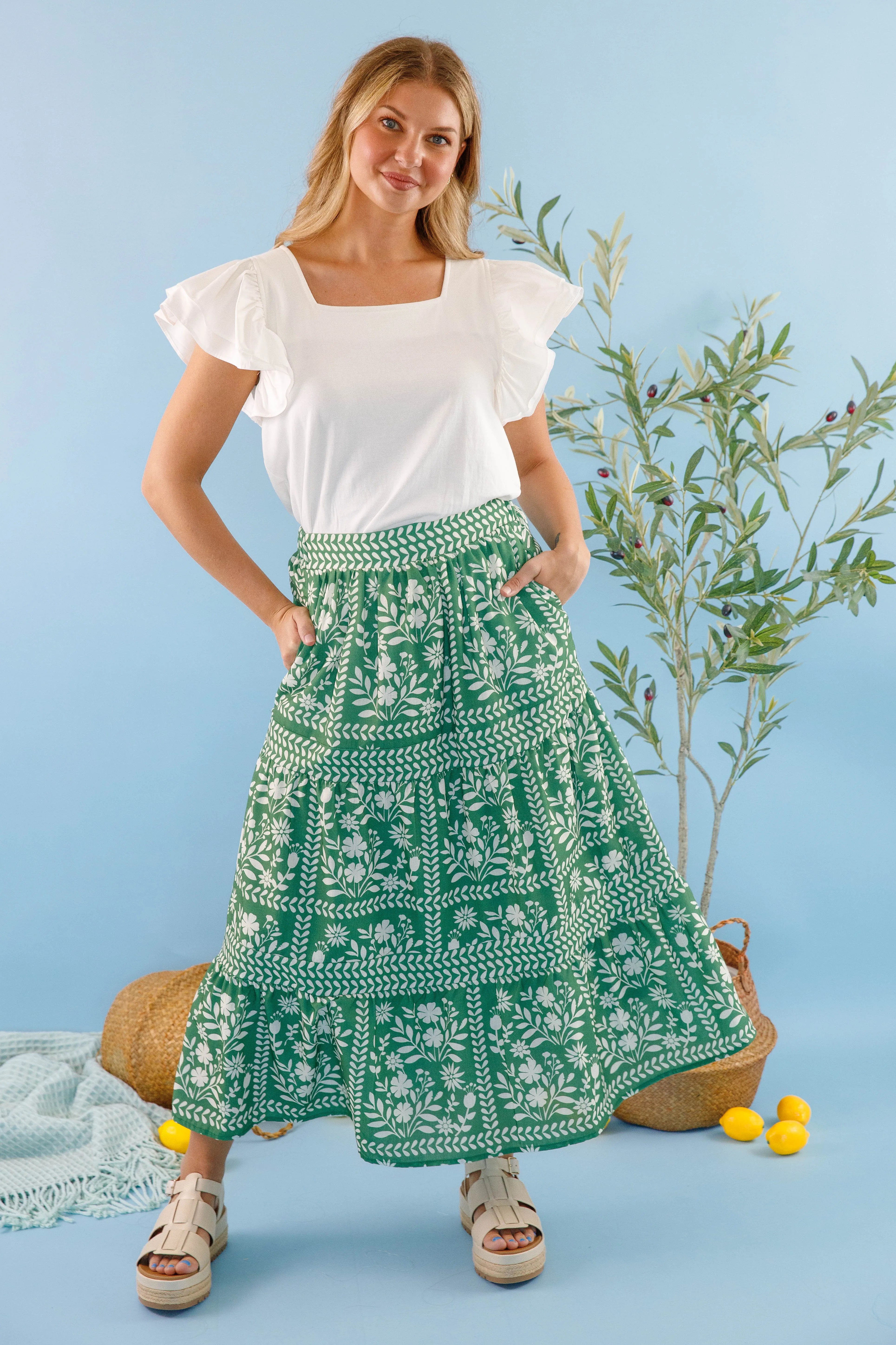 Lots Of Happiness Midi Skirt-Green