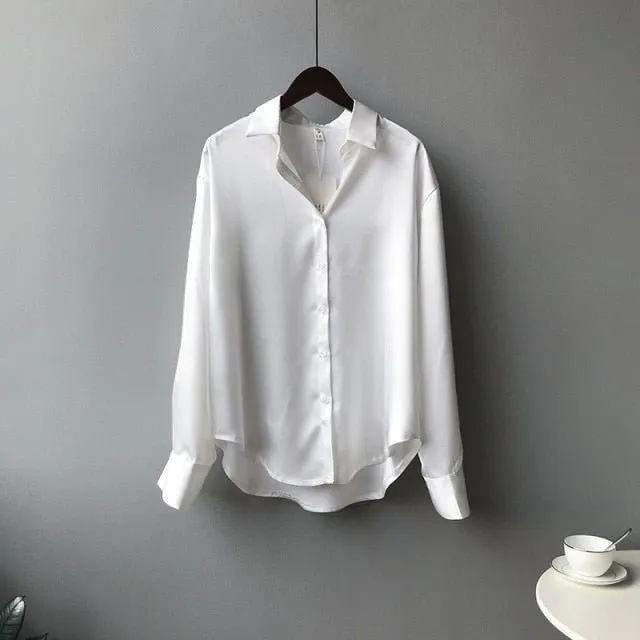 Lovely and Roomy Button Down Satin Poly Blend Blouse