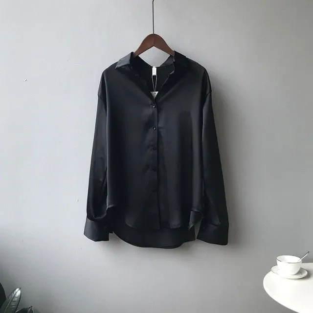 Lovely and Roomy Button Down Satin Poly Blend Blouse
