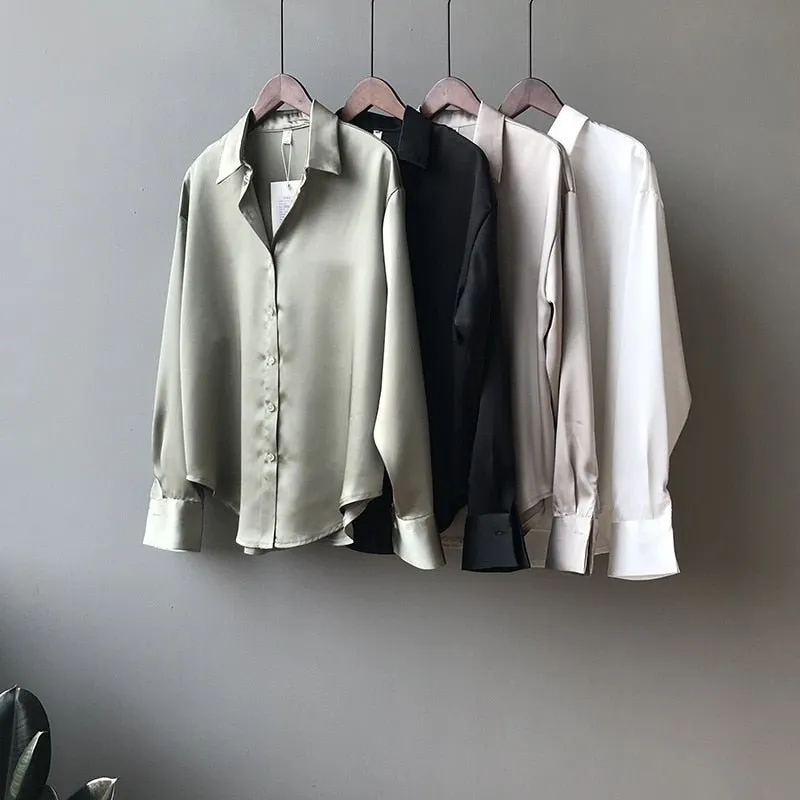 Lovely and Roomy Button Down Satin Poly Blend Blouse
