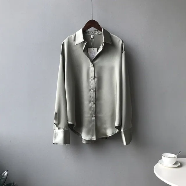 Lovely and Roomy Button Down Satin Poly Blend Blouse