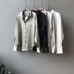 Lovely and Roomy Button Down Satin Poly Blend Blouse