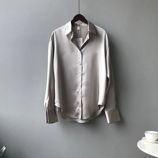 Lovely and Roomy Button Down Satin Poly Blend Blouse