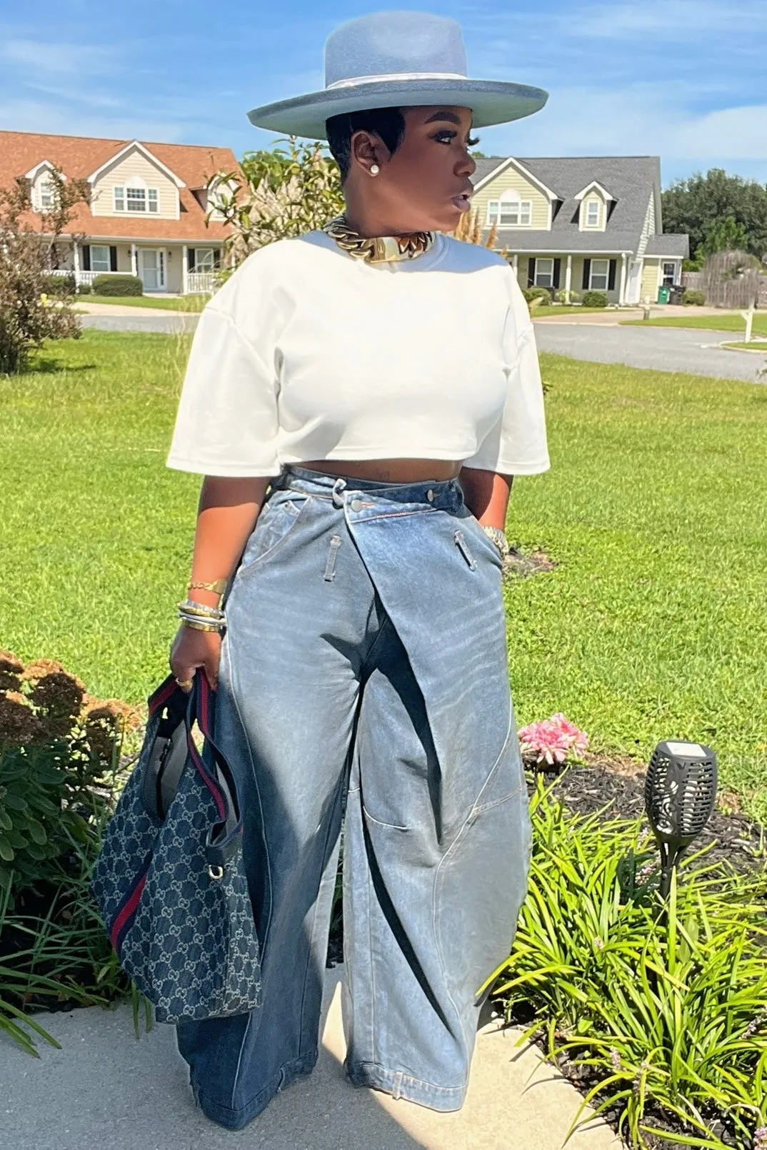 Lowanda Oversized Flap Over Statement Wide-Leg Denim Pants
