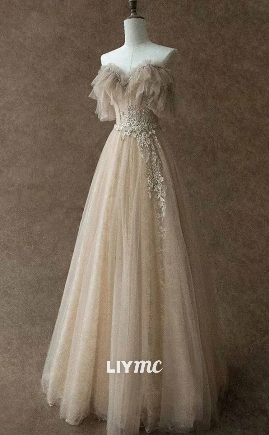 LP1879 - A-Line Champagne Lace Long Prom Dress, Champagne Formal Dress