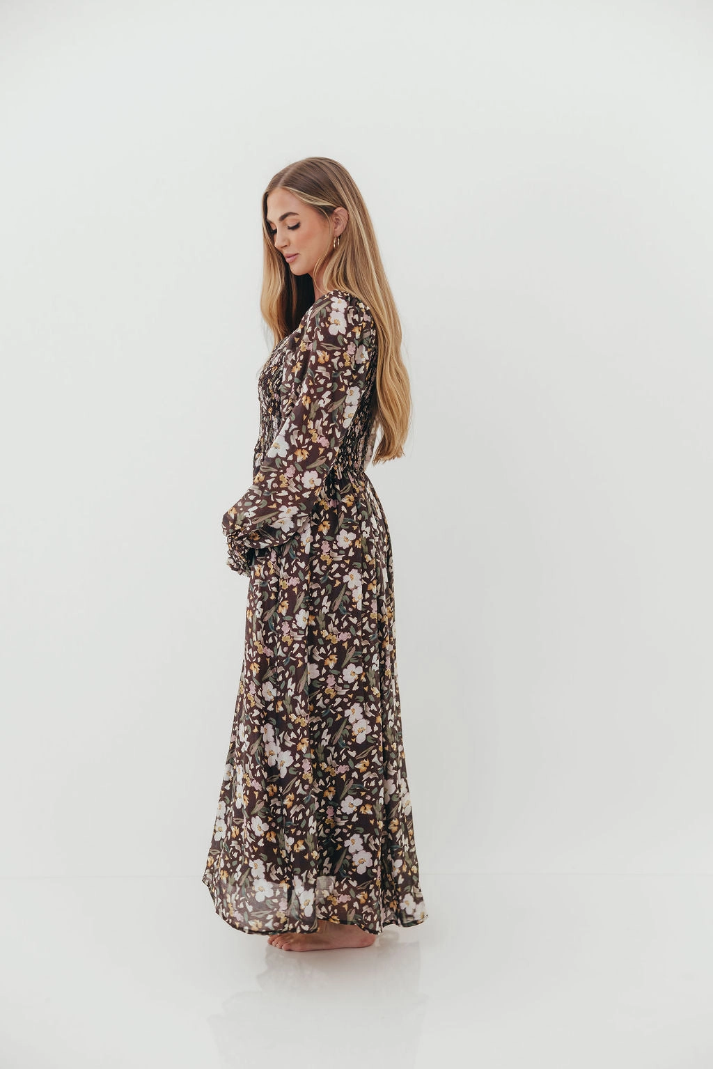 Luann Floral Maxi Dress in Mocha Mousse